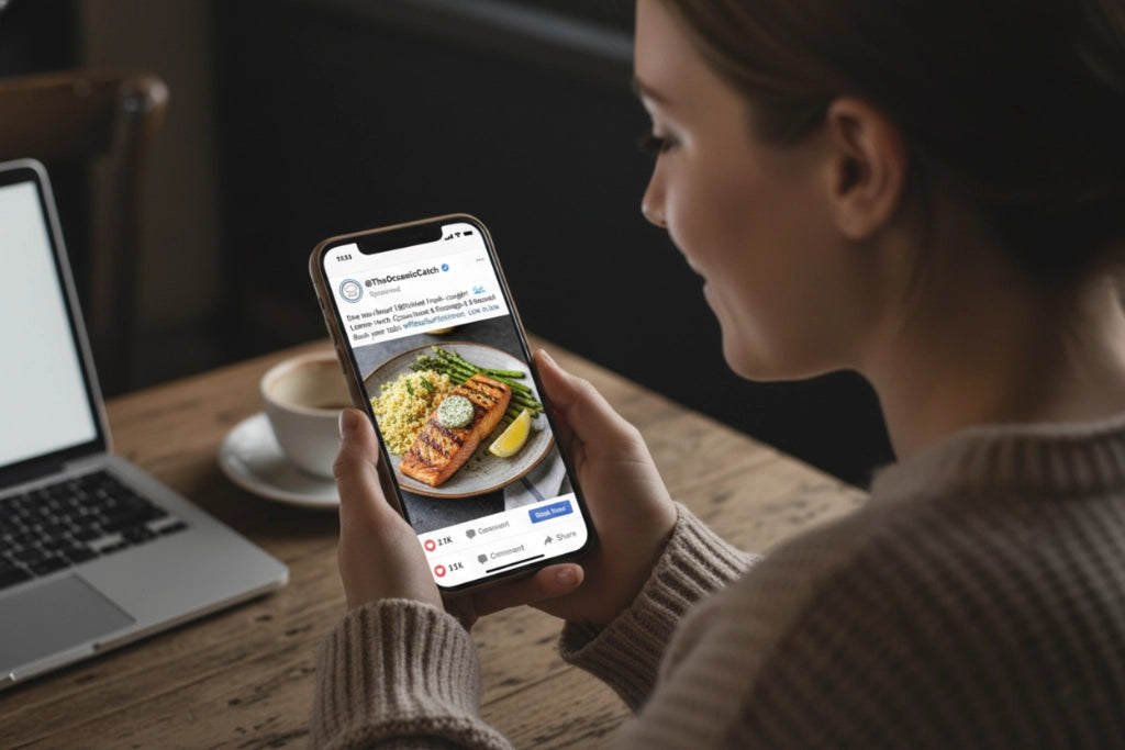A person viewing a restaurant food advertisement on a smartphone.