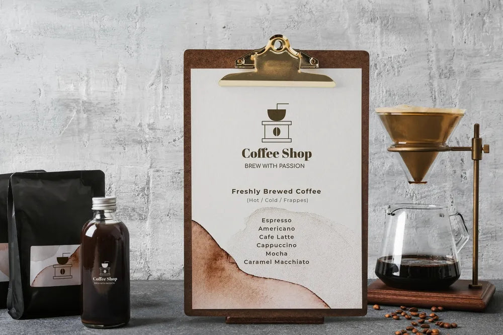 Cafe menu displayed on a clipboard in a modern coffee shop