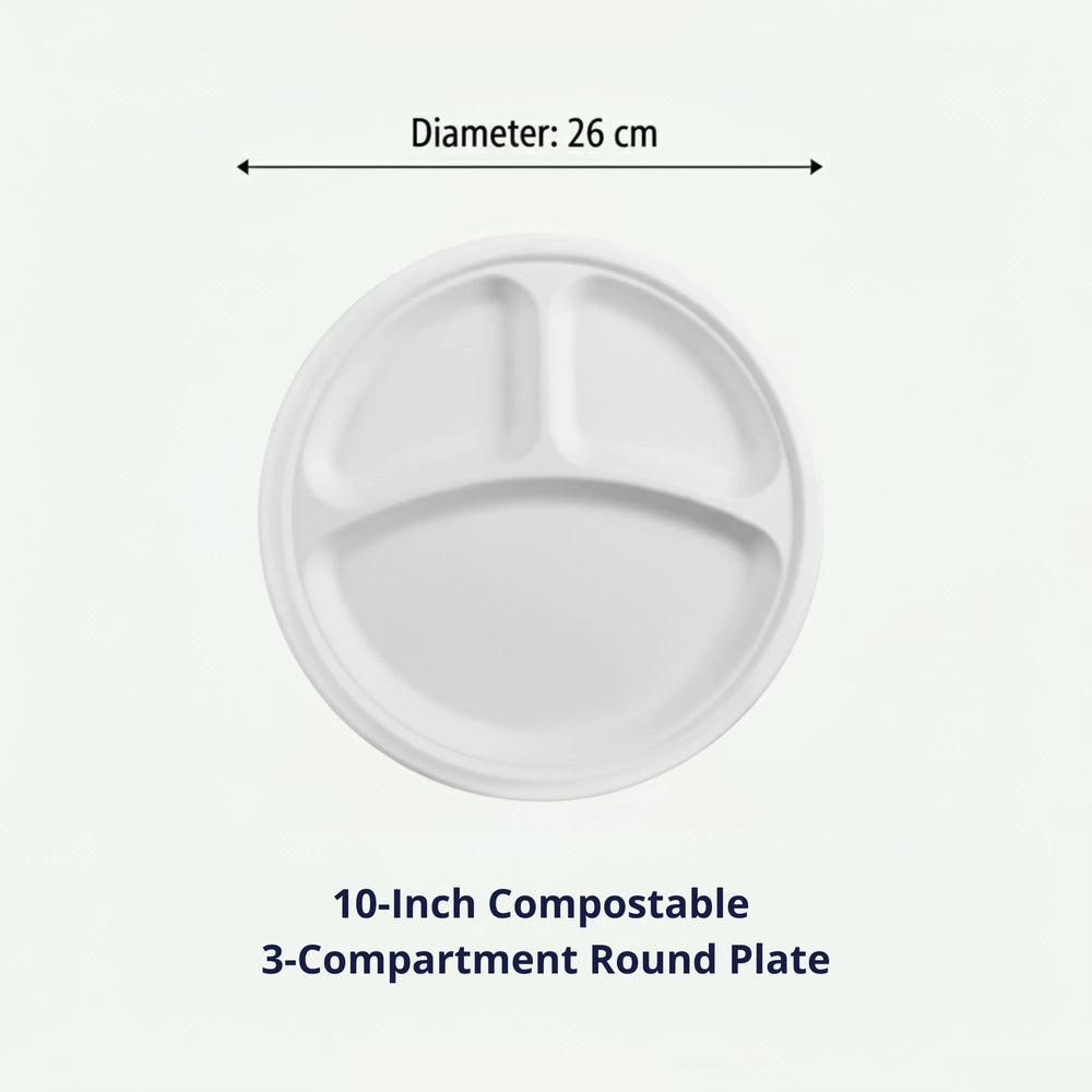 10" White 3-Compartment Round Plate, Sugarcane Bagasse, 260 x 20 mm (500 pcs) - Suitable for Restaurants & Catering
