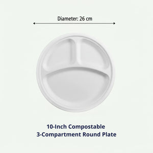 10" White 3-Compartment Round Plate, Sugarcane Bagasse, 260 x 20 mm (500 pcs) - Suitable for Restaurants & Catering