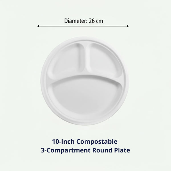 10" White 3-Compartment Round Plate, Sugarcane Bagasse, 260 x 20 mm (500 pcs) - Suitable for Restaurants & Catering
