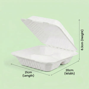 8" Natural Bagasse 3-Compartment Clamshell Box, 210 x 200 x 63 mm (200 pcs) – Ideal for Combo Meals, Food Trucks & Takeaway