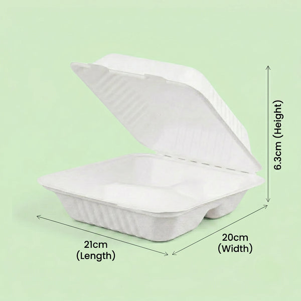 8" Natural Bagasse 3-Compartment Clamshell Box, 210 x 200 x 63 mm (200 pcs) – Ideal for Combo Meals, Food Trucks & Takeaway