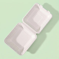 8" White Bagasse 1-Compartment Clamshell Box, 210 x 200 x 63 mm (200 pcs) – Ideal for Rice, Vegetables & Noodles