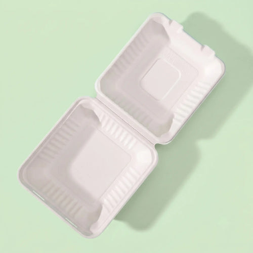 8" White Bagasse 1-Compartment Clamshell Box, 210 x 200 x 63 mm (200 pcs) – Ideal for Rice, Vegetables & Noodles