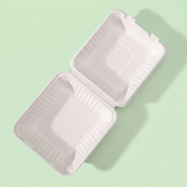 8" White Bagasse 1-Compartment Clamshell Box, 210 x 200 x 63 mm (200 pcs) – Ideal for Rice, Vegetables & Noodles