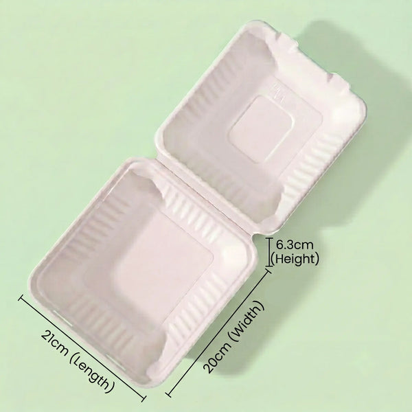 8" White Bagasse 1-Compartment Clamshell Box, 210 x 200 x 63 mm (200 pcs) – Ideal for Rice, Vegetables & Noodles