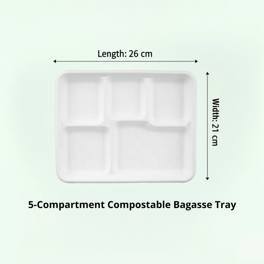 White 5-Compartment Tray, Sugarcane Bagasse, 260 x 210 x 25 mm (500 pcs) - Suitable for Restaurants, Catering & School Canteens