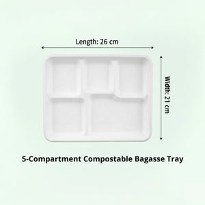 White 5-Compartment Tray, Sugarcane Bagasse, 260 x 210 x 25 mm (500 pcs) - Suitable for Restaurants, Catering & School Canteens