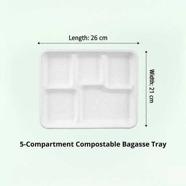 White 5-Compartment Tray, Sugarcane Bagasse, 260 x 210 x 25 mm (500 pcs) - Suitable for Restaurants, Catering & School Canteens