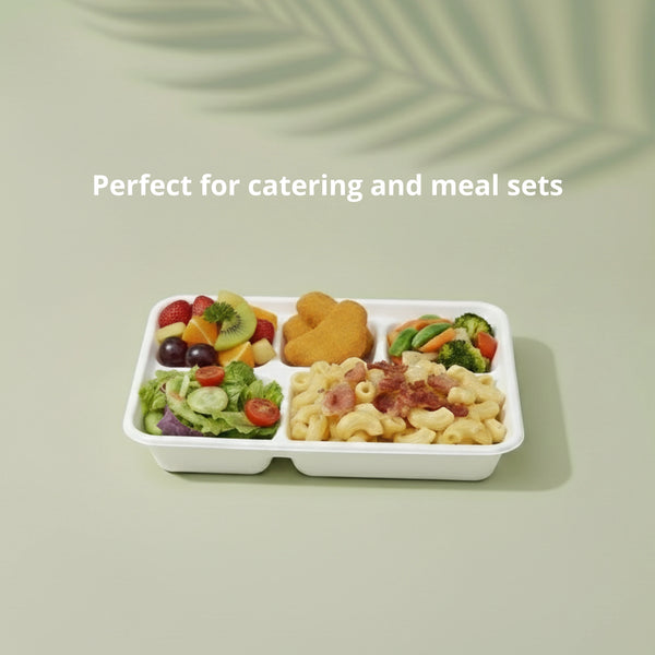 White 5-Compartment Tray, Sugarcane Bagasse, 260 x 210 x 25 mm (500 pcs) - Suitable for Restaurants, Catering & School Canteens