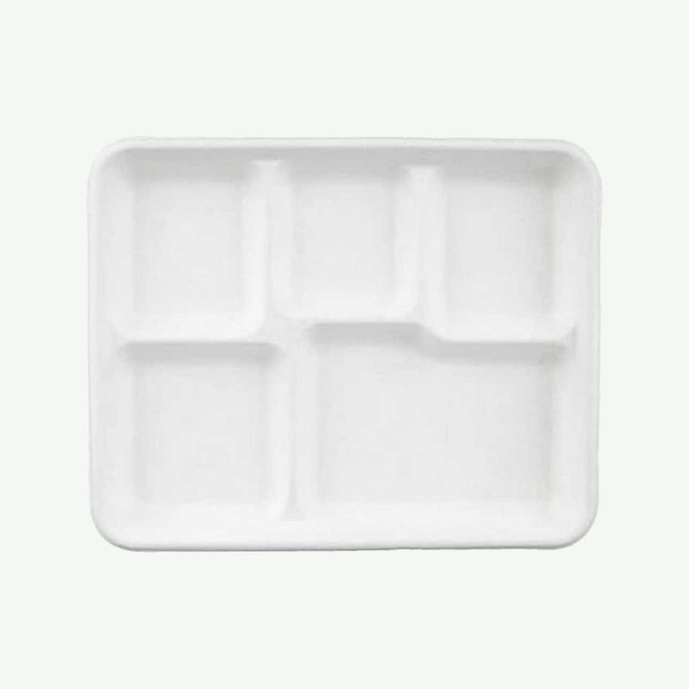 White 5-Compartment Tray, Sugarcane Bagasse, 260 x 210 x 25 mm (500 pcs) - Suitable for Restaurants, Catering & School Canteens