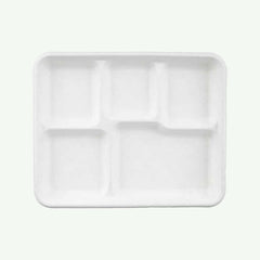 White 5-Compartment Tray, Sugarcane Bagasse, 260 x 210 x 25 mm (500 pcs) - Suitable for Restaurants, Catering & School Canteens