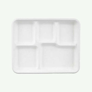 White 5-Compartment Tray, Sugarcane Bagasse, 260 x 210 x 25 mm (500 pcs) - Suitable for Restaurants, Catering & School Canteens