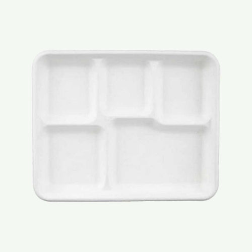 White 5-Compartment Tray, Sugarcane Bagasse, 260 x 210 x 25 mm (500 pcs) - Suitable for Restaurants, Catering & School Canteens