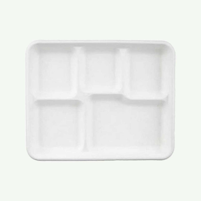White 5-Compartment Tray, Sugarcane Bagasse, 260 x 210 x 25 mm (500 pcs) - Suitable for Restaurants, Catering & School Canteens