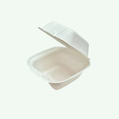 5" White Burger Box, Sugarcane Bagasse Takeaway Clamshell, 127.4 x 127.4 x 45.4/75 mm (500 pcs) - Suitable for Restaurants & Food Trucks