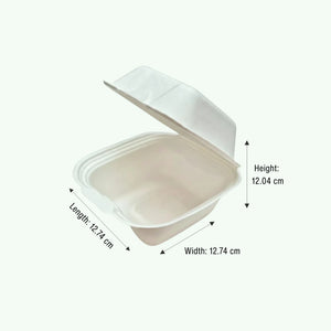 5" White Burger Box, Sugarcane Bagasse Takeaway Clamshell, 127.4 x 127.4 x 45.4/75 mm (500 pcs) - Suitable for Restaurants & Food Trucks