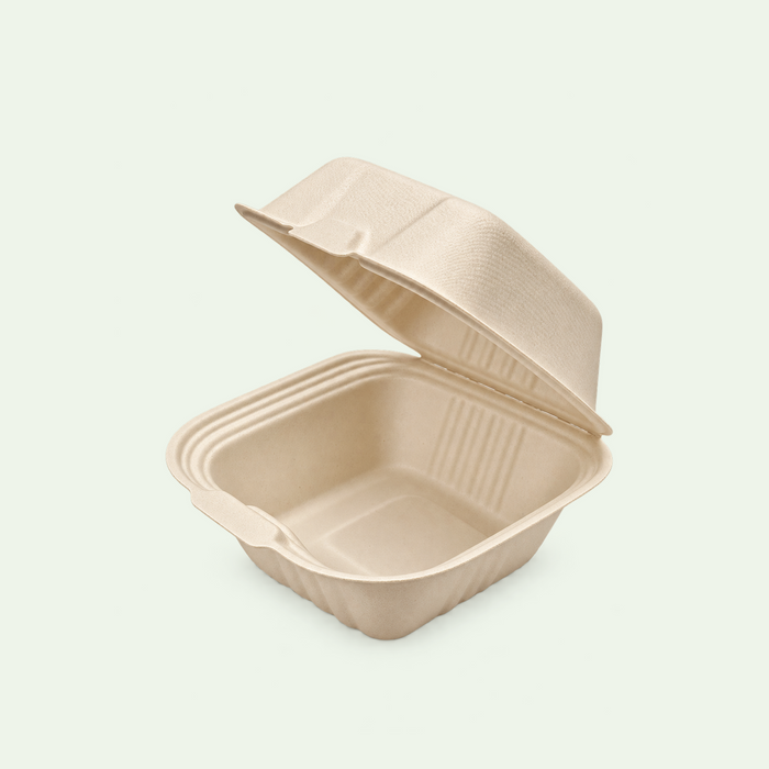 5-inch Natural Sugarcane Burger Box – 127.4 × 127.4 × 45.4/75 mm – 500 pcs - Suitable for Restaurants & Food Trucks
