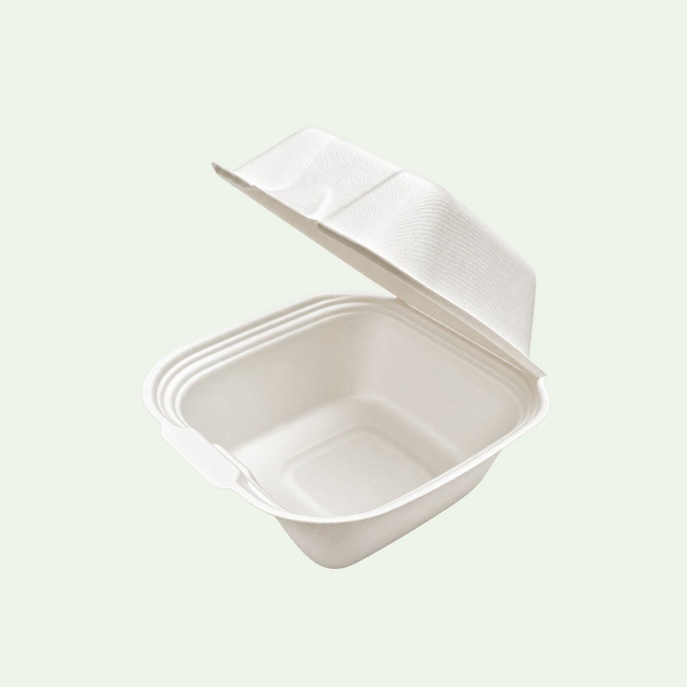 5-inch White Sugarcane Burger Box, Takeaway Clamshell, 127.4 x 127.4 x 45.4/75 mm (500 pcs) - Suitable for Restaurants & Food Trucks