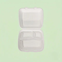 8" White Bagasse Deeper 3-Compartment Clamshell Box, 210 x 200 x 78 mm (200 pcs) – Ideal for Large Combo Meals, Heavy Takeaway & Catering