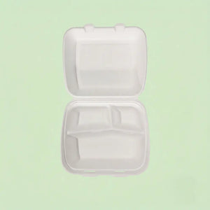 8" White Bagasse Deeper 3-Compartment Clamshell Box, 210 x 200 x 78 mm (200 pcs) – Ideal for Large Combo Meals, Heavy Takeaway & Catering