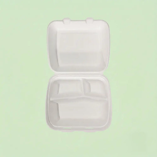 8" White Bagasse Deeper 3-Compartment Clamshell Box, 210 x 200 x 78 mm (200 pcs) – Ideal for Large Combo Meals, Heavy Takeaway & Catering