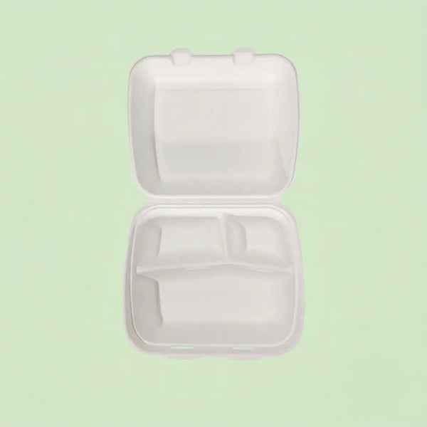 8" White Bagasse Deeper 3-Compartment Clamshell Box, 210 x 200 x 78 mm (200 pcs) – Ideal for Large Combo Meals, Heavy Takeaway & Catering