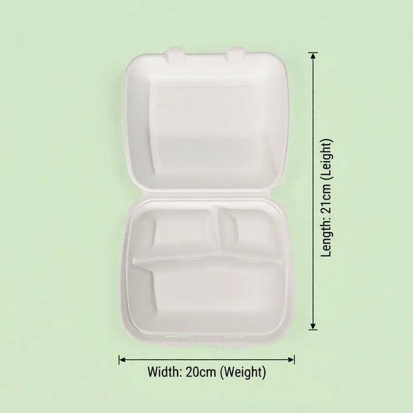 8" White Bagasse Deeper 3-Compartment Clamshell Box, 210 x 200 x 78 mm (200 pcs) – Ideal for Large Combo Meals, Heavy Takeaway & Catering