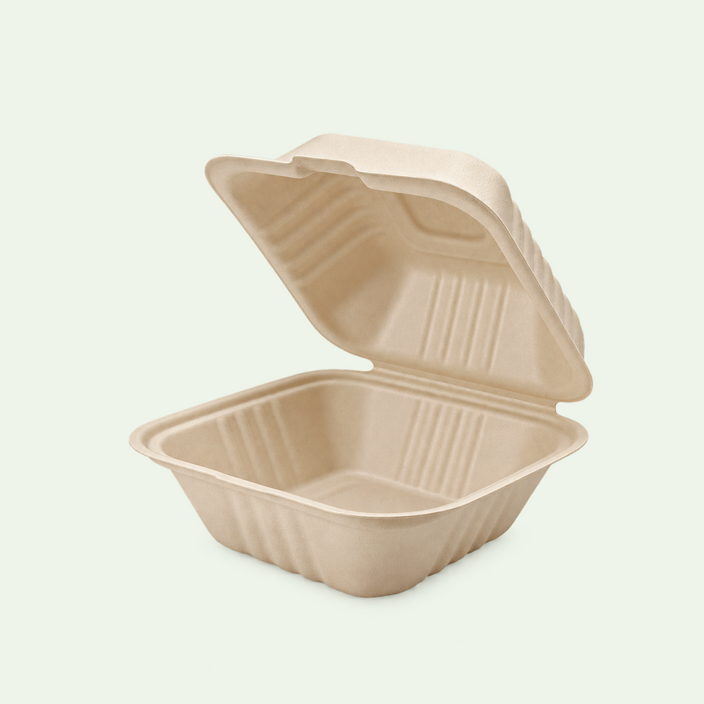 6-inch Natural Sugarcane Burger Box , Takeaway Clamshell, 150 x 150 x 40/78 mm (500 pcs) - Suitable for Restaurants & Food Trucks