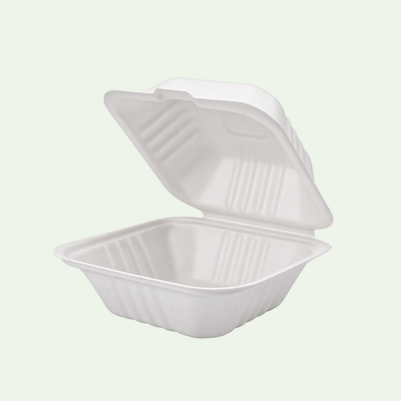 6-inch White Sugarcane Burger Box, Takeaway Clamshell, 150 x 150 x 40/78 mm (500 pcs) - Suitable for Restaurants & Food Trucks