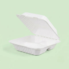 9" White Bagasse 3-Compartment Clamshell Box, 230 x 230 x 76 mm (200 pcs) – Ideal for Large Combo Meals, Heavy Takeaway & Catering