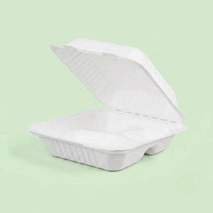 9" White Bagasse 3-Compartment Clamshell Box, 230 x 230 x 76 mm (200 pcs) – Ideal for Large Combo Meals, Heavy Takeaway & Catering
