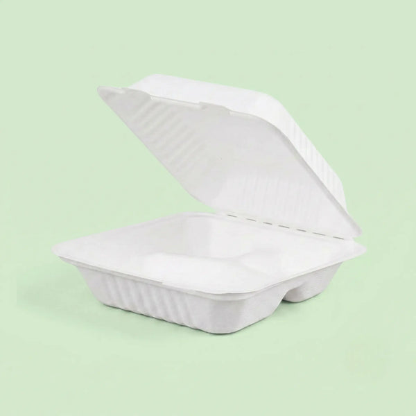 9" White Bagasse 3-Compartment Clamshell Box, 230 x 230 x 76 mm (200 pcs) – Ideal for Large Combo Meals, Heavy Takeaway & Catering