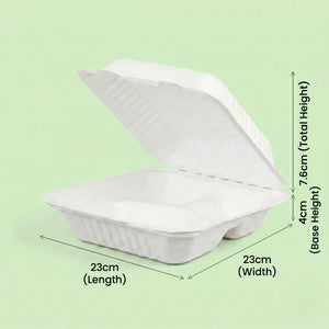 9" White Bagasse 3-Compartment Clamshell Box, 230 x 230 x 76 mm (200 pcs) – Ideal for Large Combo Meals, Heavy Takeaway & Catering