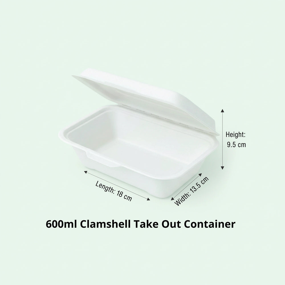 600ml White Sugarcane Clamshell Food Container, 180 x 135 x 40/55 mm (500 pcs) - Suitable for Restaurants & Takeaway