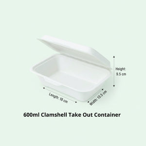 600ml White Sugarcane Clamshell Food Container, 180 x 135 x 40/55 mm (500 pcs) - Suitable for Restaurants & Takeaway