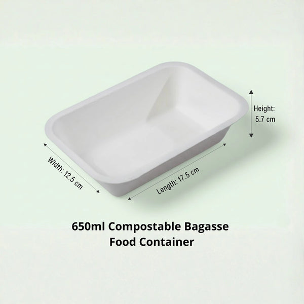 650ml White Sugarcane Food Container, 175 x 125 x 57 mm (500 pcs) - Suitable for Restaurants & Takeaway