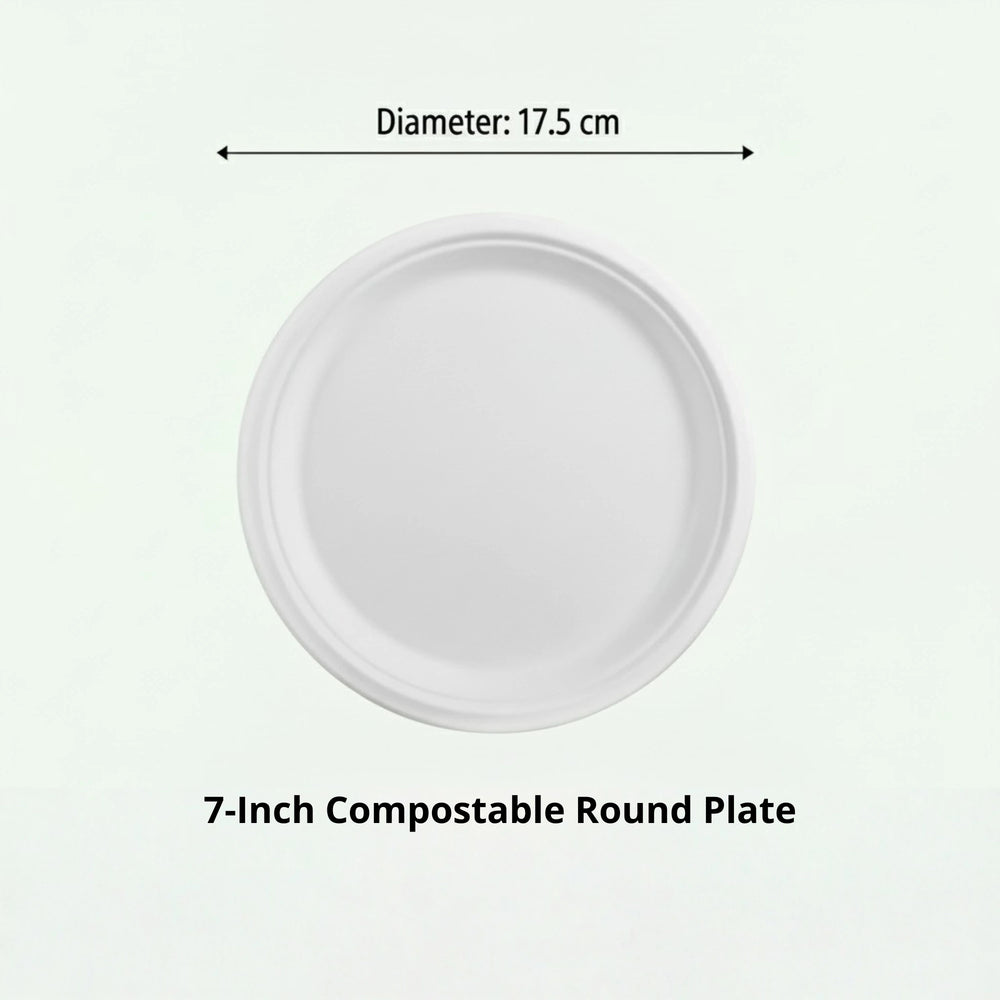 7" White Round Plate, Sugarcane Bagasse, 175 x 15 mm (1000 pcs) - Suitable for Restaurants & Catering