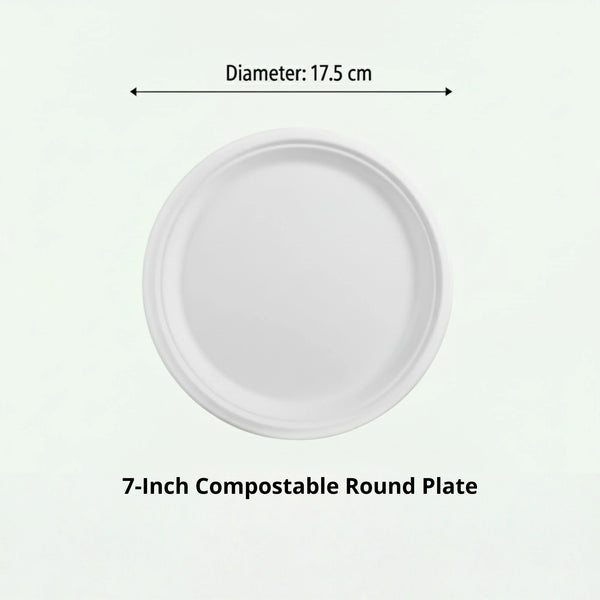 7" White Round Plate, Sugarcane Bagasse, 175 x 15 mm (1000 pcs) - Suitable for Restaurants & Catering