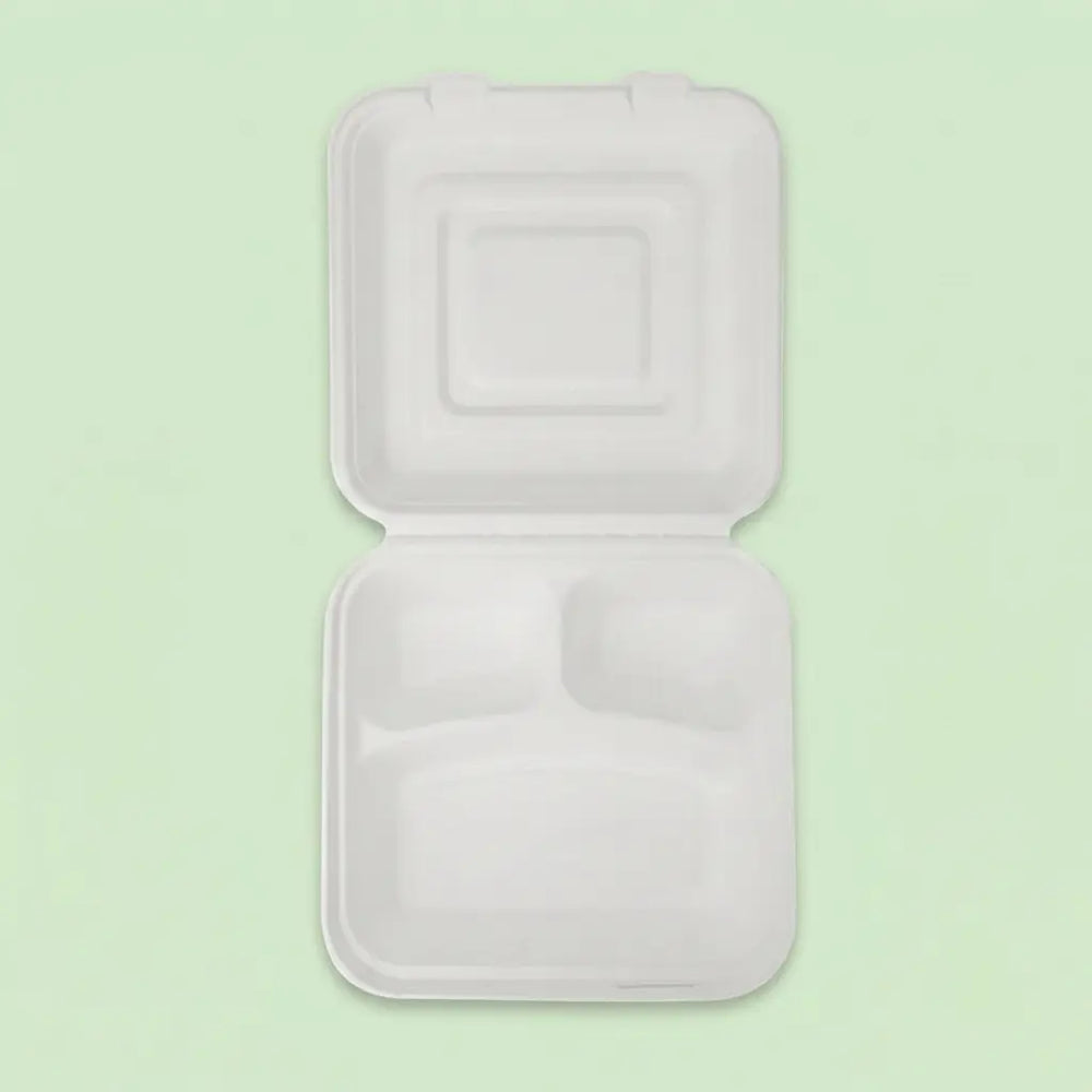 10" Natural Bagasse 3-Compartment Clamshell Box, 250 x 240 x 82 mm (200 pcs) – Ideal for Large Feast Platters, BBQ Combo Meals & Commercial Catering