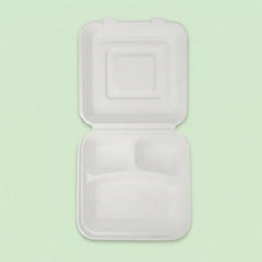 10" Natural Bagasse 3-Compartment Clamshell Box, 250 x 240 x 82 mm (200 pcs) – Ideal for Large Feast Platters, BBQ Combo Meals & Commercial Catering