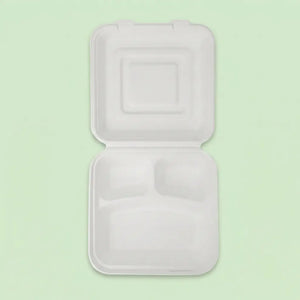 10" Natural Bagasse 3-Compartment Clamshell Box, 250 x 240 x 82 mm (200 pcs) – Ideal for Large Feast Platters, BBQ Combo Meals & Commercial Catering