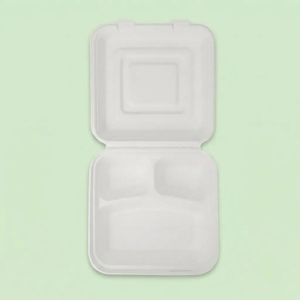 10" Natural Bagasse 3-Compartment Clamshell Box, 250 x 240 x 82 mm (200 pcs) – Ideal for Large Feast Platters, BBQ Combo Meals & Commercial Catering