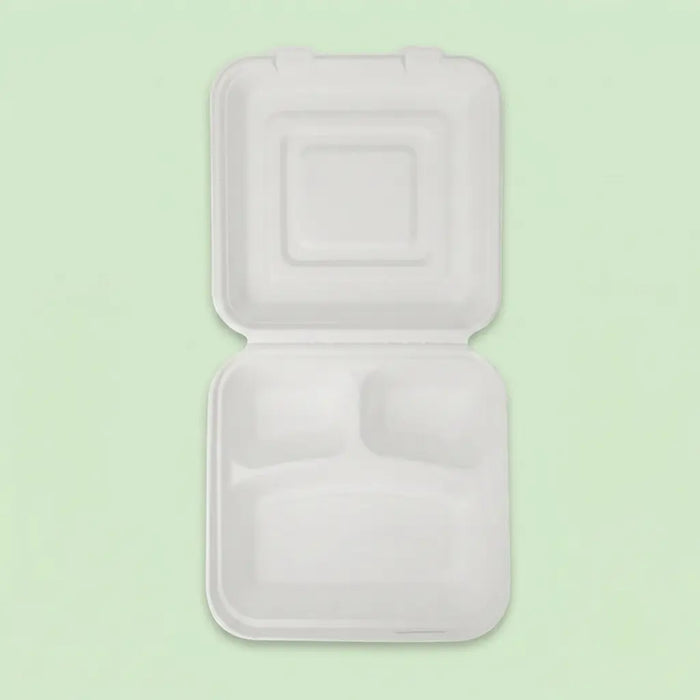 10" Natural Bagasse 3-Compartment Clamshell Box, 250 x 240 x 82 mm (200 pcs) – Ideal for Large Feast Platters, BBQ Combo Meals & Commercial Catering