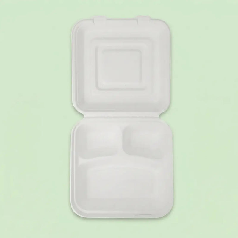 10 × 9.5-inch Natural 3-Compartment Sugarcane Bagasse Clamshell Box, 250 x 240 x 82 mm (200 pcs) – Ideal for Large Feast Platters, BBQ Combo Meals & Commercial Catering