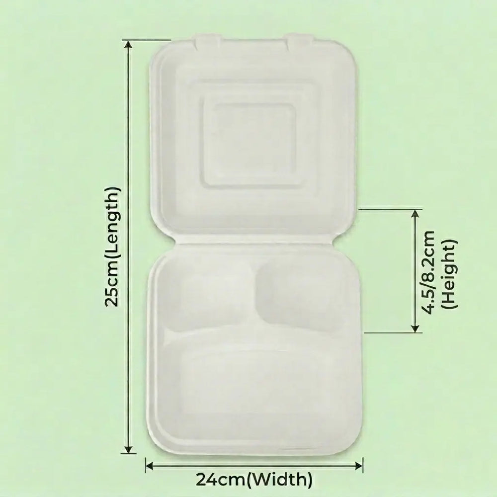 10" Natural Bagasse 3-Compartment Clamshell Box, 250 x 240 x 82 mm (200 pcs) – Ideal for Large Feast Platters, BBQ Combo Meals & Commercial Catering