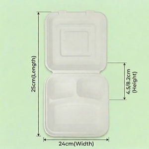 10" Natural Bagasse 3-Compartment Clamshell Box, 250 x 240 x 82 mm (200 pcs) – Ideal for Large Feast Platters, BBQ Combo Meals & Commercial Catering