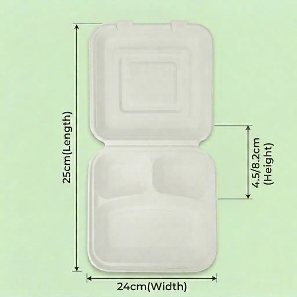 10" Natural Bagasse 3-Compartment Clamshell Box, 250 x 240 x 82 mm (200 pcs) – Ideal for Large Feast Platters, BBQ Combo Meals & Commercial Catering