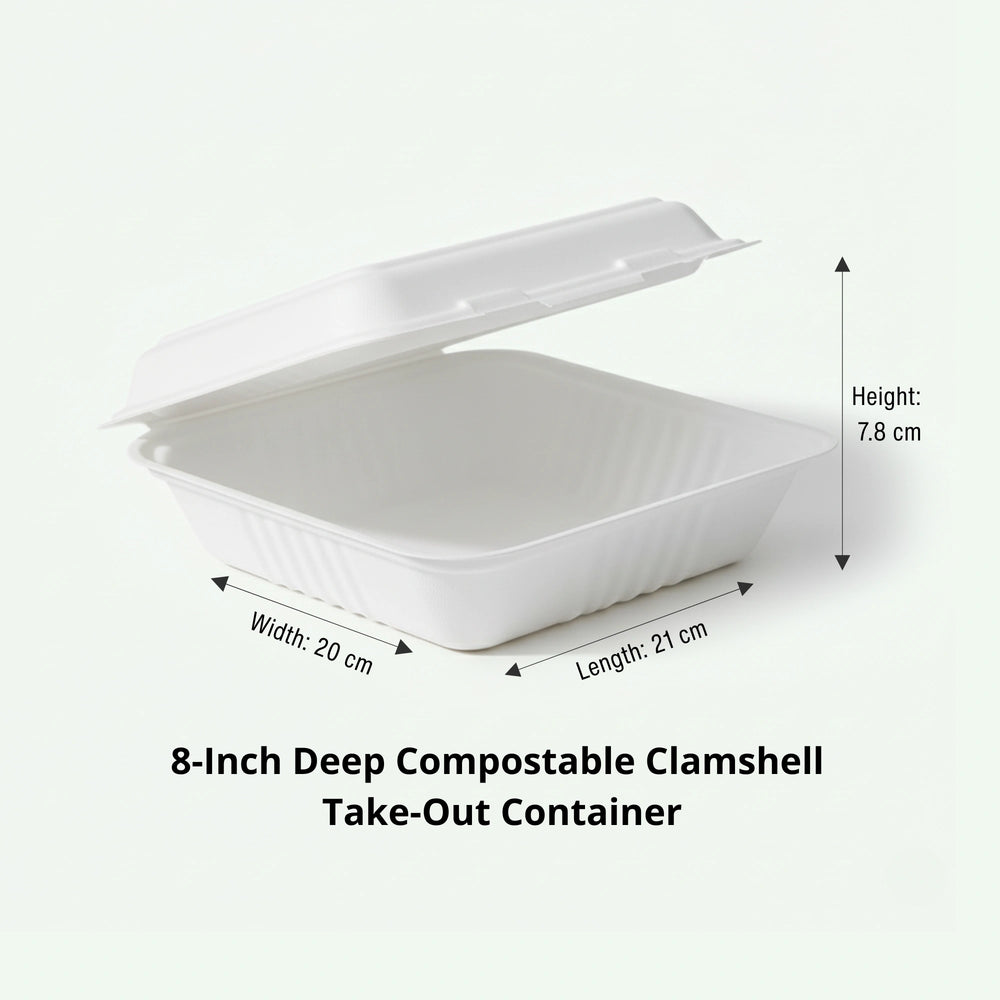 8" White Deep Clamshell Food Container, Sugarcane Bagasse, 210 x 200 x 78 mm (200pcs) - Suitable for Restaurants & Takeaway
